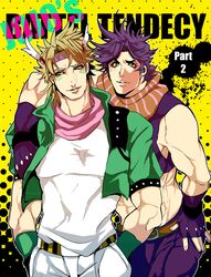  2boys blonde_hair caesar_anthonio_zeppeli commentary_request crop_top facial_mark feathers fingerless_gloves gloves green_eyes green_jacket headband jacket jojo_no_kimyou_na_bouken joseph_joestar joseph_joestar_(young) midriff multiple_boys scarf striped_clothes striped_scarf torihuhu 