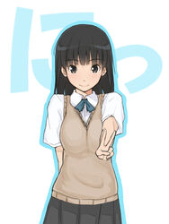  amagami ayatsuji_tsukasa black_hair blush commentary_request female kibito_high_school_uniform long_hair looking_at_viewer megane_chuu school_uniform simple_background smile solo sweater_vest v white_background 