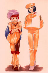  2boys blue_hair blume crossed_arms frown goggles hands_in_pockets hat multiple_boys overseer_biel sentou_mecha_xabungle uniform 