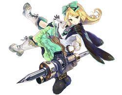  3d atelier_(series) atelier_shallie blonde_hair boots bow capelet expressionless female flipped_hair full_body game_model gloves green_eyes green_skirt hairbow hidari_(left_side) knee_boots long_hair miruca_crotze official_art photoshop_(medium) pile_bunker skirt solo white_background 