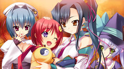  4girls :d ;d animal_print aqua_bow autumn bare_shoulders behind_another black_hair blue_hair bob_cut bow breasts cat_print chouhi chouun cleavage closed_mouth covering_own_mouth detached_sleeves floral_print game_cg green_eyes grey_hair group_picture hair_ornament hair_ribbon hair_tubes hand_over_own_mouth hand_up hat headpat houtou hug jacket japanese_clothes kan&#039;u_(koihime_musou) katagiri_hinata koihime_enbu koihime_musou large_bow looking_at_another looking_at_viewer medium_breasts multicolored_clothes multiple_girls neckerchief necktie non-web_source obi oerba_yun_fang one_eye_closed open_mouth orange_background orange_eyes outdoors pink_eyes pink_ribbon ponytail purple_eyes purple_hat purple_necktie red_hair red_scarf ribbon sash scarf siblings sidelocks sisters smile sunset tongue tree twintails two-tone_necktie upper_body white_neckerchief wide_sleeves witch_hat wrist_cuffs yatsuha_kanan yellow_jacket yin_yang 