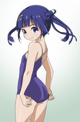  adjusting_clothes adjusting_swimsuit ass back bad_id bad_pixiv_id blue_eyes blue_hair blue_one-piece_swimsuit blunt_bangs closed_mouth competition_school_swimsuit cowboy_shot female flat_ass flat_chest from_side gradient_background grey_background hair_bun hair_ornament hairclip kusanagi_yuma light_smile long_hair looking_at_viewer looking_back one-piece_swimsuit rohitsuka school_swimsuit single_hair_bun smile solo soushin_shoujo_matoi standing swimsuit twintails 