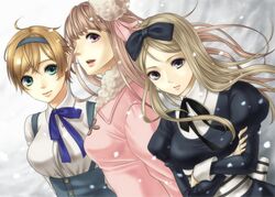  3girls axis_powers_hetalia bad_id bad_pixiv_id belarus_(hetalia) blue_hairband coat genderswap_(mtf) hair_ribbon hairband headband long_hair lotter75 multiple_girls pink_hairband ribbon rule_63 russia_(hetalia) short_hair siblings sisters snow ukraine_(hetalia) 