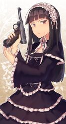  bad_id bad_pixiv_id black_hair blunt_bangs capelet dress female floral_background gun handgun highres long_hair long_sleeves looking_at_viewer luger_p08 original red_eyes solo trigger_discipline type-alpha weapon 