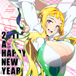  2011 blonde_hair breasts cleavage english_text female huge_breasts long_hair new_year official_art purple_eyes solo sugeno_tomoaki vanguard_princess 