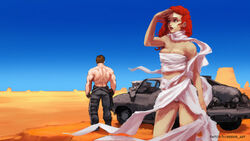  1boy blue_eyes breasts brown_hair budget_sarashi capable car character_request cleavage darren_geers desert female long_hair mad_max mad_max:_fury_road max_rockatansky motor_vehicle muscle red_hair sarashi scarf shading_eyes shirtless vehicle 