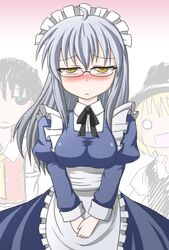  2boys ahoge alternate_costume blush breasts commentary_request cosplay dress enmaided female genderswap_(ftm) genderswap_(mtf) glasses hakurei_reimu hat kirisame_marisa long_hair maid maid_headdress medium_breasts morichika_rinnosuke multiple_boys rule_63 short_hair touhou tsukimi_(ryouiki_ridatsu) yellow_eyes 