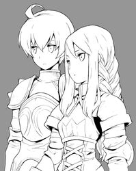  1boy agrias_oaks ahoge armor b.tarou braid female final_fantasy final_fantasy_tactics greyscale long_hair monochrome photoshop_(medium) ramza_beoulve short_hair single_braid 