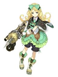  atelier_(series) atelier_shallie black_bloomers blonde_hair bloomers bow capelet expressionless female flipped_hair frills full_body gloves green_eyes green_skirt hairbow hidari_(left_side) long_hair miruca_crotze official_art paint.net_(medium) pile_bunker shoes skirt socks solo tachi-e white_background 