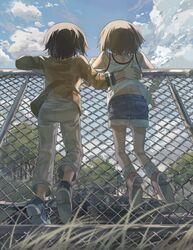  2girls aged_down bad_id bad_twitter_id blurry brown_hair chain-link_fence climbing cloud commentary day depth_of_field facing_away fence from_behind from_below girls_und_panzer grass hand_on_another&#039;s_back highres leopard_2 long_sleeves military military_vehicle motor_vehicle multiple_girls nishizumi_maho nishizumi_miho no_socks outdoors pants ribbed_legwear shoe_soles shoes short_hair shorts siblings sisters sky sneakers socks sunlight tank tank_top tree upshirt veerinly 