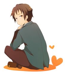  1boy bad_id bad_pixiv_id brown_eyes brown_hair indian_style kinokosuke kita_high_school_uniform kyon looking_back male_focus school_uniform sitting solo suzumiya_haruhi_no_yuuutsu winter_uniform 