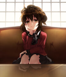  ascot backlighting brown_hair commentary_request couch female hand_on_own_face isolda_gaillard md5_mismatch missing_stars reflection school_uniform shiyun skirt smile table window 