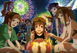  6+girls absurdres aerial_fireworks animedia ball beachball bikini black_hair blue_eyes brown_eyes brown_hair closed_eyes feet fireworks futsuzawa_jiemon green_eyes hat hayashida_airi highres hisami_nanami imageboard_desourced innertube katayama_minami kikuma_kaya legs multiple_girls nanase_yoshino non-web_source official_art okamoto_miyu one-piece_swimsuit open_mouth ponytail scan school_swimsuit shimada_mayu swim_ring swimsuit twintails wake_up_girls! 