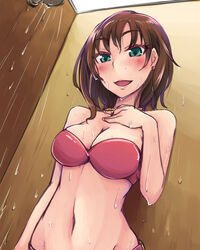  aqua_eyes bare_shoulders bikini blush breasts brown_hair cleavage collarbone commentary_request earrings eyelashes female freckles groin hand_on_own_chest heart heart_earrings idolmaster idolmaster_cinderella_girls jewelry kate_(idolmaster) large_breasts lips looking_down midriff navel necklace open_mouth pink_bikini short_hair showering smile solo stomach swimsuit thick_eyebrows todome water wet 