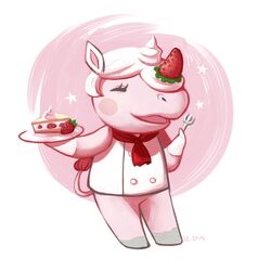  1:1 animal_crossing anthro badcactus cake closed_eyes dairy_products dessert female food food_creature food_hair fruit hair horn mammal merengue_(animal_crossing) nintendo pink_background pink_body pink_skin plant pseudo_hair rhinoceros simple_background smile solo star strawberry whipped_cream white_background white_hair 