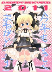  2011 akechi_kokoro animal_ears blonde_hair blue_eyes bow calligraphy_brush commentary_request cosplay di_gi_charat dice dress drill_hair female hairbow highres hiro_hiroki kakizome kneehighs long_hair loose_socks new_year oversized_object paintbrush rabbit_ears ribbon socks solo tantei_opera_milky_holmes twintails usada_hikaru usada_hikaru_(cosplay) 