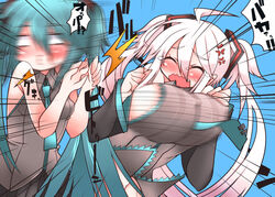  2girls ahoge aqua_hair blush breasts closed_eyes commentary_request cosplay covered_nipples hatsune_miku hatsune_miku_(cosplay) huge_breasts long_hair medium_breasts motion_blur multiple_girls necktie niwakaame_(amayadori) open_mouth slapping_with_breasts twintails very_long_hair vocaloid white_hair yowane_haku 