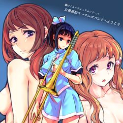  3girls black_hair blonde_hair blue_dress blue_eyes bow commentary_request copyright_name dress hairbow hibike!_euphonium hiiragi_serina instrument long_hair misogi_(misogi1341) multiple_girls nase_amika ponytail purple_eyes red_hair rikka_koukou_marching_band_e_youkoso sasaki_azusa translated trombone 