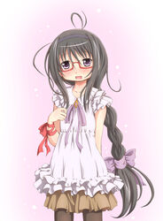  ahoge akemi_homura black_hair blush bow braid commentary_request female glasses hair_ribbon hairband hairbow highres long_hair mahou_shoujo_madoka_magica mahou_shoujo_madoka_magica_(anime) messy_hair open_mouth pantyhose photoshop_(medium) purple_eyes ribbon sakuraebi_chima skirt smile solo 