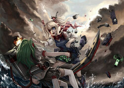  2girls :o admiral_hipper_(warship_girls_r) back battle blonde_hair blood blood_from_mouth blood_on_face blue_eyes boots broken cannon cloud cloudy_sky commentary_request duel explosion fuuko_chan glowworm_(warship_girls_r) green_hair holding holding_own_hair long_hair machinery miniskirt multiple_girls ocean one_eye_closed one_side_up outdoors puffy_short_sleeves puffy_sleeves scarf ship shirt short_sleeves skirt sky striped_clothes striped_scarf sweater_vest tattoo thighhighs torn_clothes torpedo turret twintails warship_girls_r watercraft waves white_legwear white_shirt zettai_ryouiki 