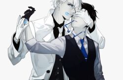  2boys arm_at_side black_gloves black_hair black_shirt black_vest blue-framed_eyewear blue_necktie coat collared_shirt commentary_request covering_another&#039;s_eyes covering_own_eyes dress_shirt en_(enxxx) formal glasses gloves hand_over_another&#039;s_eyes hand_up heads_together katsuki_yuuri lipstick_mark long_sleeves looking_at_viewer male_focus mouth_hold multiple_boys necktie open_clothes open_coat outstretched_arm parted_lips profile shirt simple_background sleeves_rolled_up spot_color unbuttoned undressing unworn_eyewear upper_body vest viktor_nikiforov white_background white_coat white_hair white_necktie white_shirt yaoi yuri!!!_on_ice 