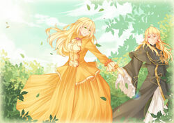  1boy ada_vessalius blonde_hair bow bush capelet commentary_request dress earrings female formal gloves green_eyes hair_ribbon heterochromia holding_hands jewelry leaf long_hair open_mouth pandora_hearts red_eyes ribbon saibrayyear smile tree vincent_nightray yellow_eyes 