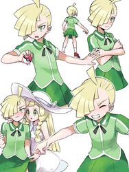  1boy :o asymmetrical_hair bad_id bad_twitter_id blonde_hair brother_and_sister clothes_lift commentary_request cosplay crossdressing crossed_arms dress earrings female gladion_(pokemon) green_eyes green_shirt green_skirt hat holding holding_poke_ball jewelry koutetsu_(fe_steel_stone) lillie_(pokemon) long_hair miniskirt open_mouth pleated_skirt poke_ball pokemon pokemon_sm rising_star_(pokemon) rising_star_(pokemon)_(cosplay) shirt short_hair short_sleeves siblings simple_background skirt skirt_lift sun_hat white_background white_dress white_hat 