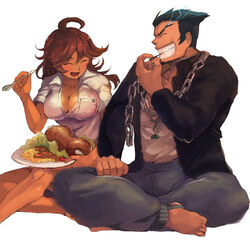  1boy ^_^ ahoge barefoot black_hair breasts brown_hair chains cleavage closed_eyes danganronpa_(series) danganronpa_2:_goodbye_despair female food furutachirikonbu grin indian_style large_breasts lowres meat nidai_nekomaru owari_akane plate short_hair sitting smile spoon 