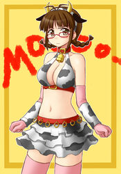  akizuki_ritsuko animal_costume animal_ears animal_print bell blush breasts collar commentary_request cosplay cow_costume cow_ears cow_girl cow_horns cow_print cowbell elbow_gloves female frown glasses gloves horns idolmaster idolmaster_(classic) idolmaster_cinderella_girls large_breasts looking_at_viewer neck_bell oikawa_shizuku oikawa_shizuku_(cosplay) pink_thighhighs short_hair solo thighhighs utomo 