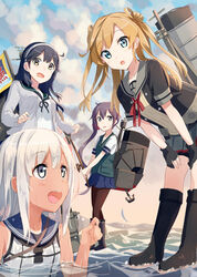  4girls :d abukuma_(kancolle) ahoge akebono_(kancolle) akebono_(saury_festival)_(kancolle) anchor bent_over bike_shorts black_footwear black_hair black_pantyhose blonde_hair blue_eyes boots breasts buttons cardigan commentary_request crop_top double_bun fish fishing_rod flag flower gotyou hair_between_eyes hair_bun hair_flower hair_ornament hair_rings kantai_collection knee_boots large_breasts long_hair machinery multiple_girls official_alternate_costume one-piece_tan open_cardigan open_clothes open_mouth pantyhose purple_hair remodel_(kantai_collection) ribbon ro-500_(kancolle) rubber_boots sailor_collar school_swimsuit school_uniform see-through serafuku shorts shorts_under_skirt side_ponytail skirt small_breasts smile standing standing_on_liquid swimsuit swimsuit_under_clothes tan tanlines twintails ushio_(kancolle) vest wading water wet wet_clothes yellow_eyes 