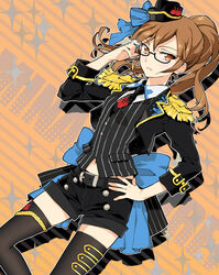  adjusting_eyewear bad_id bad_pixiv_id black_shorts breasts brown_eyes brown_hair chobihige cropped_jacket epaulettes female glasses hair_ornament hat minami_mirei minami_mirei_(normal) navel necktie ponytail pretty_series pripara ribbon shirt short_shorts shorts small_breasts solo striped_clothes striped_shirt thighhighs vertical-striped_clothes vertical-striped_shirt 