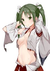  akiha_(attract) arms_behind_head bad_id bad_twitter_id breasts cosplay female green_eyes green_hair japanese_clothes kantai_collection long_hair navel small_breasts solo torn_clothes twintails white_background zuihou_(kancolle) zuihou_(kancolle)_(cosplay) zuikaku_(kancolle) 