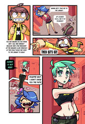  1boy 2girls ahoge backpack bandage blue_hair bra braces brown_hair choker cleavage comic condom condom_packet_strip determination dumfer earrings english_text female game_freak gameboy gameboy_advance gerph green_eyes green_lipstick happy headphones hourglass_figure jacket light_green_hair mint_(skarp_world) nintendo panties plus-shaped_pupils plus_symbol plushie pokeball pokemon poster sharp_teeth short_shorts skarp_world skarpne_(skarp_world) speech_bubble tamagotchi tank_top text the_legend_of_zelda triforce wristband yellow_eyes 