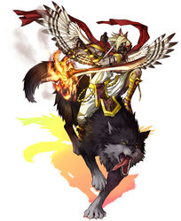  1boy andras_(mygrimoire) ars_goetia commentary_request fire gas_mask kyousaku looking_at_viewer male_focus mask mygrimoire open_mouth riding simple_background solo straddling sword tongue tongue_out upright_straddle weapon white_background wings wolf 