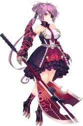  aquaplus armor axe cross detached_collar dress dungeon_travelers_2 eyepatch female full_body greaves highres holding holding_axe houzouji_yae jewelry kokonoka long_hair looking_at_viewer necklace ponytail purple_hair red_eyes skull smile solo transparent_background 