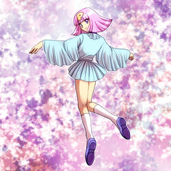  blunt_bangs commentary_request dress female floating from_behind full_body kneehighs letter looking_back natsuki_megumi outstretched_arms patalliro! pink_hair pleated_dress pulara purple_footwear shoes short_dress silver_dress socks solo spread_arms white_socks wide_sleeves 