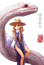  adapted_costume animal blonde_hair china_dress chinese_clothes commentary_request detached_sleeves dress female giant_snake hair_ribbon happy_new_year hat highres long_hair long_sleeves mishaguji moriya_suwako new_year open_mouth oversized_animal purple_dress ribbon side_slit smile snake solo touhou wasabichan wide_sleeves yellow_eyes 