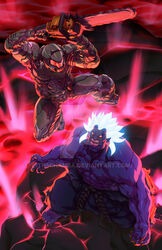  armor battle blue_skin chainsaw crossover doom_(game) doomguy fangs glowing glowing_eyes glowing_hair gouki helmet jeffrey_cruz kuruoshiki_oni multiple_boys muscle red_eyes shirtless spiked_hair street_fighter street_fighter_iv_(series) watermark 