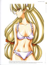  absurdres bare_shoulders blonde_hair bra breasts collarbone female growlanser growlanser_i hair_ribbon hair_rings highres karen_langley light_smile long_hair looking_away low-tied_long_hair medium_breasts navel official_art panties parted_lips profile red_ribbon ribbon scan smile solo twintails underwear underwear_only urushihara_satoshi very_long_hair white_background white_bra white_panties 