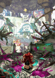  black_shirt black_shorts boots brown_footwear chains chalkboard classroom commentary_request concrete crop_top debris desk facing_away fangs female from_behind highres hugging_own_legs inkling inkling_girl inkling_player_character midriff mural octarian_(enemy) octotrooper on_desk paint_splatter pointy_ears public_address_system railroad_tracks ruins school_desk shirt short_shorts shorts signature sitting solo_focus speaker splatoon_(series) splatoon_1 stup-jam takozonesu tentacle_hair underground weapon 