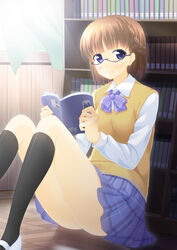  blue_eyes blush book braid brown_hair commentary_request female glasses original photoshop_(medium) school_uniform semi-rimless_eyewear short_hair sitting skirt smile solo sweater_vest under-rim_eyewear yoruda 