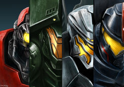  assault_visor cherno_alpha close-up column_lineup commentary_request crimson_typhoon gipsy_danger glowing glowing_eyes hiwa_industry jaeger_(pacific_rim) lineup mecha military military_vehicle no_humans pacific_rim portrait robot science_fiction signature split_crop striker_eureka super_robot 