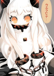  abyssal_ship bad_link chained chains colored_skin covered_mouth female highres horns kantai_collection long_hair mittens northern_ocean_princess onasuba orange_eyes pale_skin protected_link sitting solo tears translated v_arms wariza white_hair white_mittens white_skin 