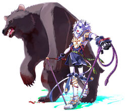  1boy :d animal animal_ears armor ars_goetia bear blood blood_in_mouth blood_on_teeth blue_eyes claws clenched_hand commentary_request furry furry_male holding holding_weapon jump_rope kyousaku male_focus mygrimoire oerba_yun_fang open_mouth purson_(mygrimoire) sharp_teeth simple_background smile snake solo tail teeth tiger_boy weapon whip white_background 