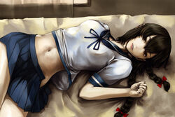  bed_sheet bow braid breasts brown_eyes commentary_request cowboy_shot curtains female hair_between_eyes hairbow indoors isonami_(kancolle) kantai_collection kurou_(bcrow) lips long_hair looking_at_viewer lying navel neckerchief pleated_skirt sailor_collar school_uniform serafuku skirt small_breasts solo twin_braids unbuckled window 