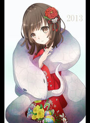  2013 bad_id bad_pixiv_id bakemonogatari brown_eyes brown_hair female flower hair_flower hair_ornament hikari_(m11c5) japanese_clothes kimono kuchinawa monogatari_(series) sengoku_nadeko short_hair snake solo 