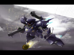  battle bazooka_(gundam) colony_interior commentary_request flying glowing gundam gundam_0080 kampfer_(mobile_suit) letterboxed mecha night no_humans panzerfaust robot smoke solo spikes take_tonbo weapon 