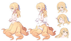  :d bare_shoulders blonde_hair blue_ribbon breasts bridal_garter closed_eyes closed_mouth commentary_request dress expressions female from_side hair_between_eyes hair_ribbon horizontal_pupils kyuri_tizu long_hair looking_at_viewer looking_to_the_side monster_girl multiple_views nude oerba_yun_fang open_mouth original own_hands_together pointy_ears ribbon scylla short_eyebrows simple_background sleeping sleeveless sleeveless_dress small_breasts smile syrene_(kyuri_tizu) tentacle white_background white_dress zzz 