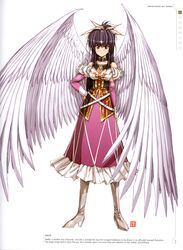  absurdres bare_shoulders black_hair boots bow breasts character_name collar collarbone dress feathered_wings female full_body growlanser growlanser_i hairbow hand_on_own_hip highres knee_boots long_dress long_hair long_sleeves looking_at_viewer medium_breasts melphie official_art ponytail puffy_sleeves purple_eyes scan solo standing urushihara_satoshi white_background wings 