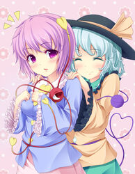  2girls ^_^ blush closed_eyes colorized commentary_request green_hair hands_on_shoulders highres komeiji_koishi komeiji_satori multiple_girls open_mouth photoshop_(medium) pink_hair purple_eyes short_hair siblings sisters third_eye touhou wata_(akawata) 